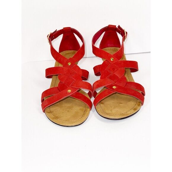 Ralph Lauren Demi Wedge Sandal Red Leather Strappy Gold Buckle Comfort 9.5 B - Picture 6 of 16